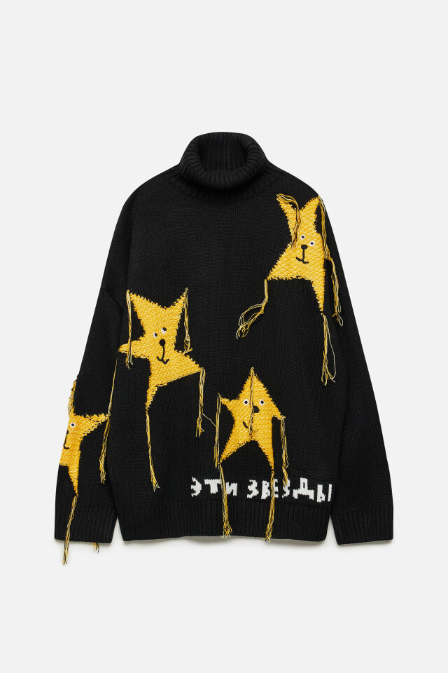 Свитер oversize вязаный с принтом и нитками - цвет черный - 10