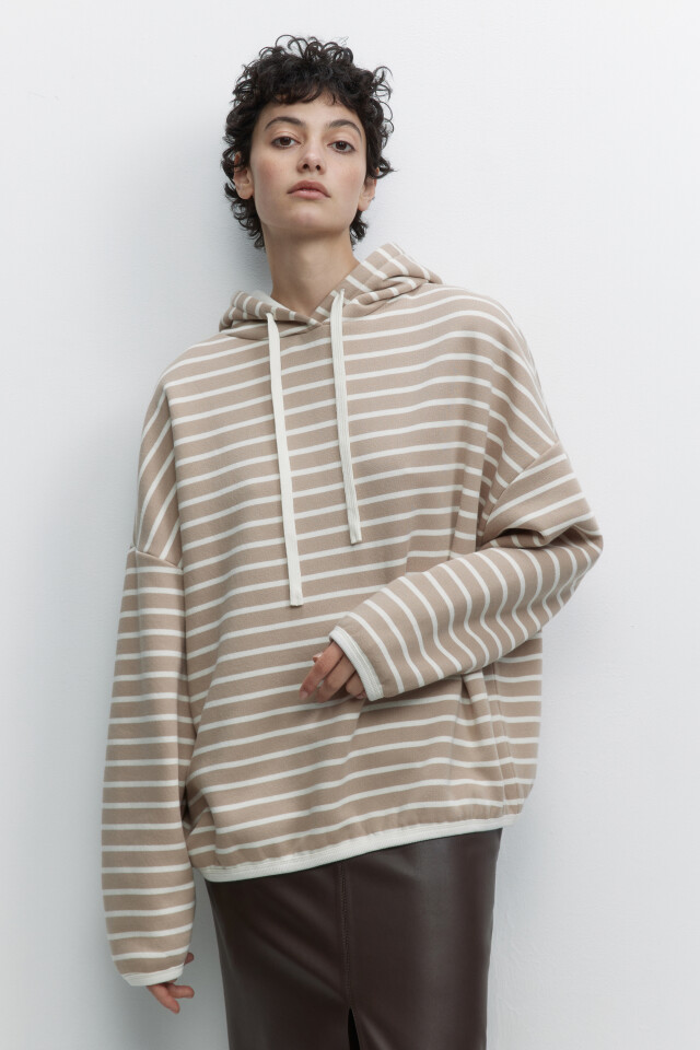 Худи oversize утепленная в полоску с капюшоном - цвет бежевый - 2