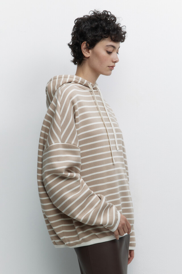 Худи oversize утепленная в полоску с капюшоном - цвет бежевый - 3