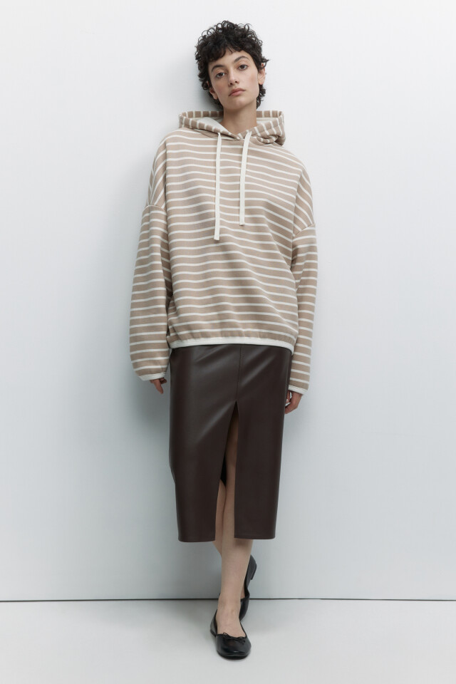 Худи oversize утепленная в полоску с капюшоном - цвет бежевый - 1
