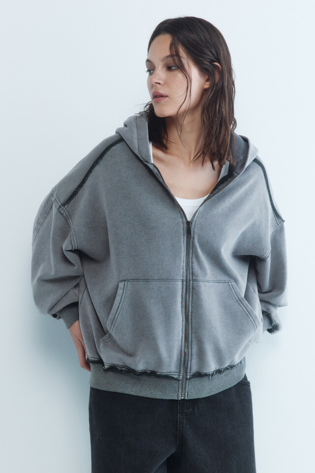Толстовка на молнии oversize с вареным эффектом - цвет серый - 3