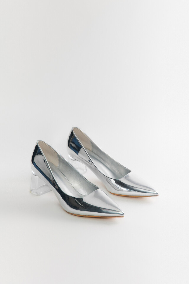 Туфли-лодочки зеркальные на прозрачном каблуке - цвет серый - 3