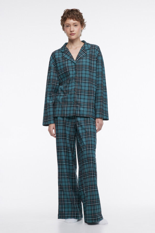 Рубашка oversize домашняя в клетку - цвет зеленый - 5