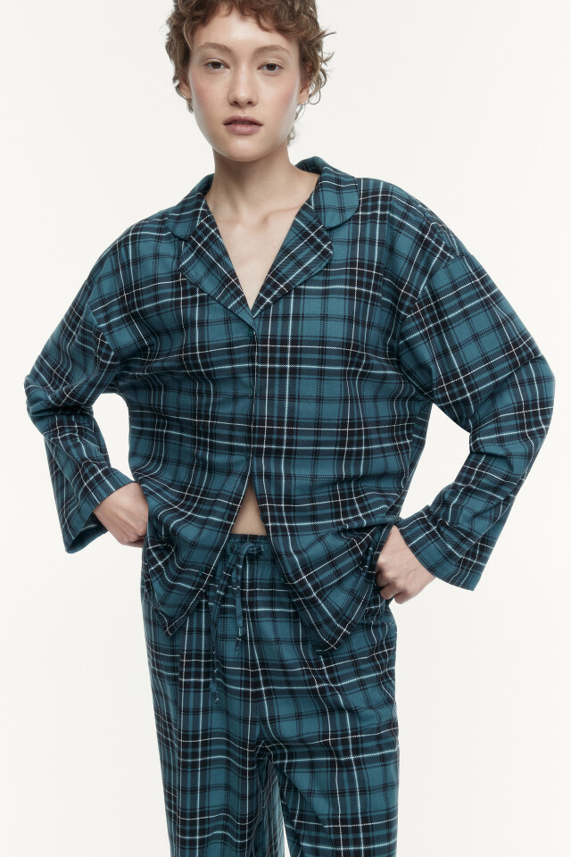 Рубашка oversize домашняя в клетку - цвет зеленый - 1