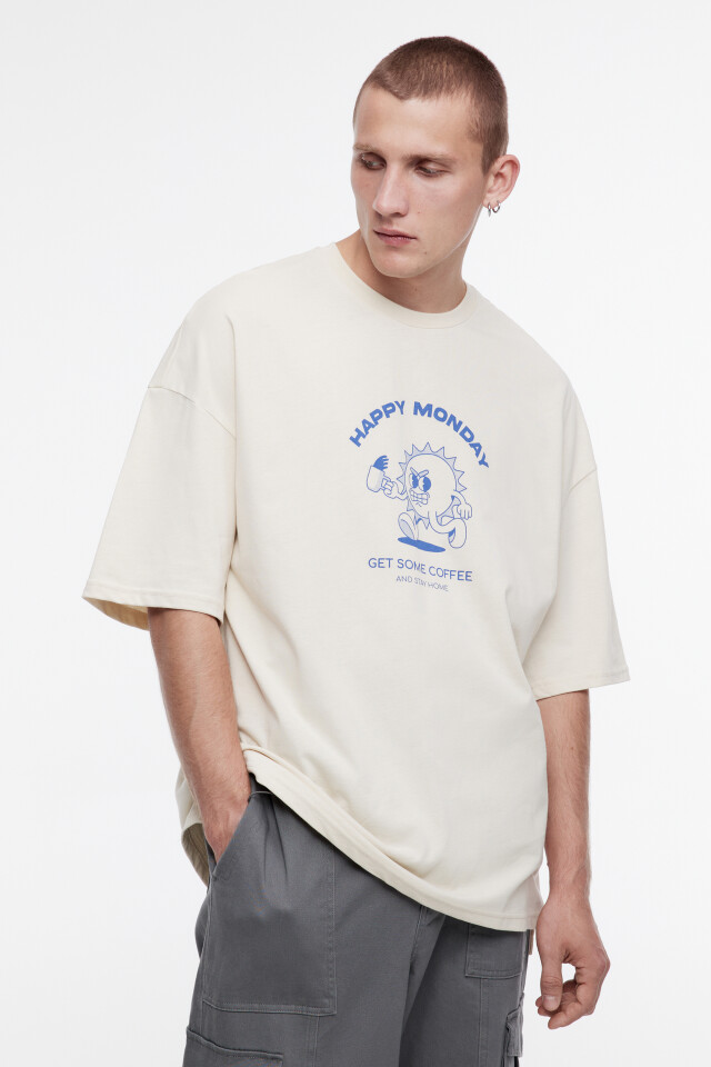 Футболка oversize хлопковая с забавным принтом - цвет бежевый - 3