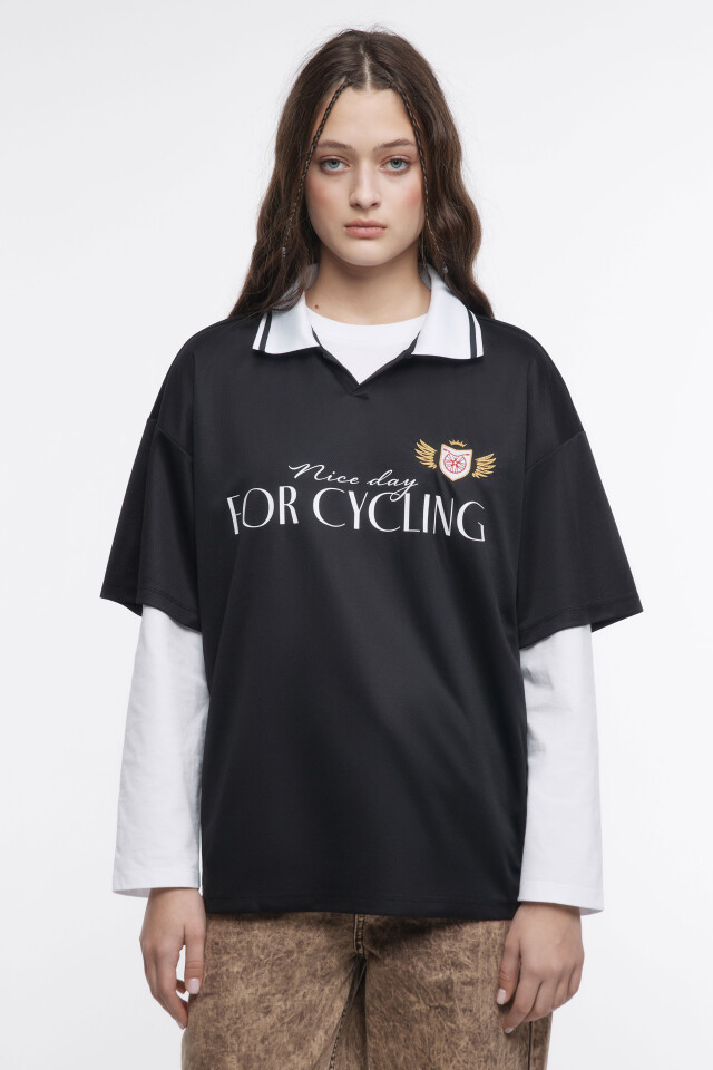 Футболка oversize с воротником-поло и принтом - цвет черный - 2