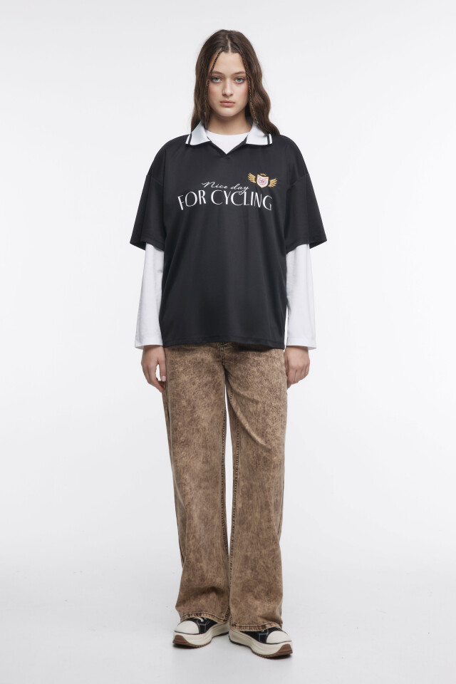 Футболка oversize с воротником-поло и принтом - цвет черный - 5