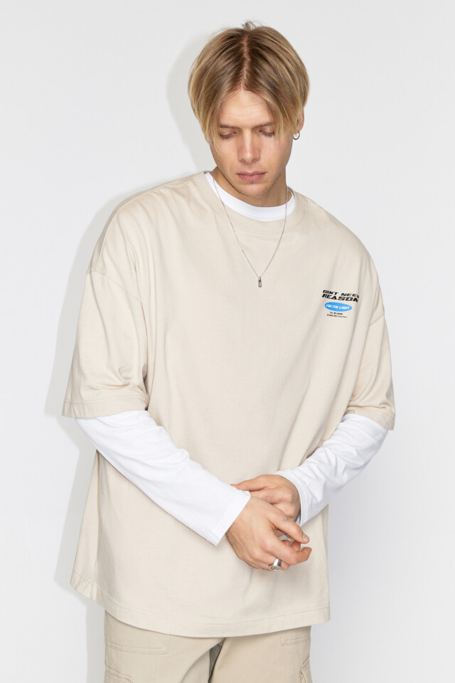 Футболка oversize хлопковая с принтом - цвет бежевый - 2