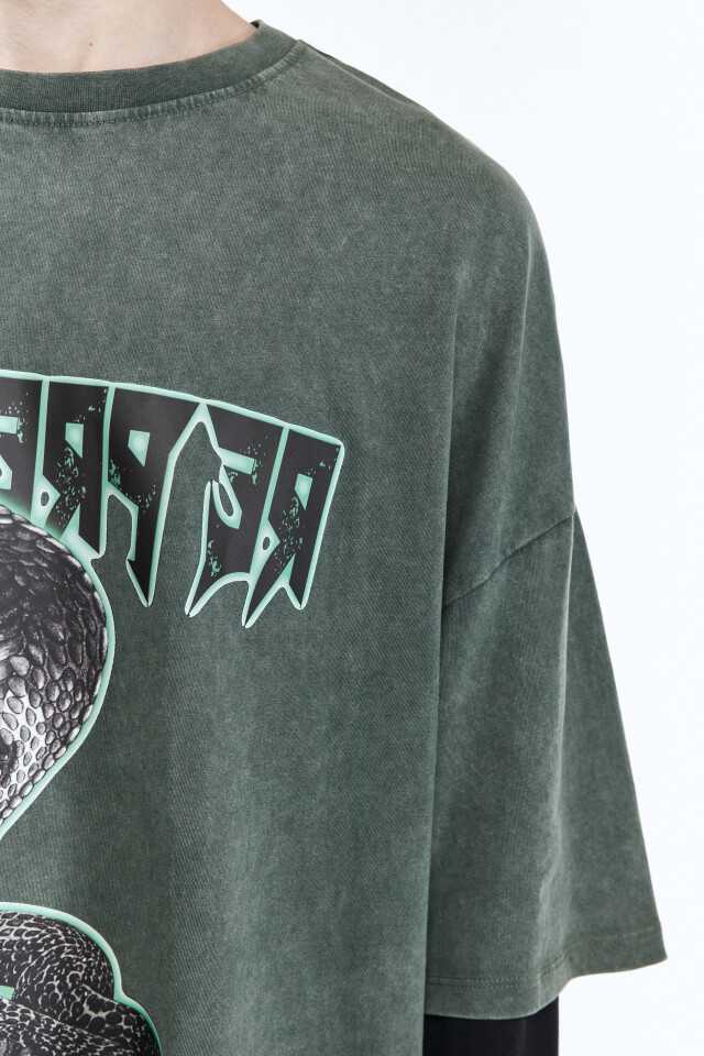 Футболка oversize вареная с принтом - цвет зеленый - 7