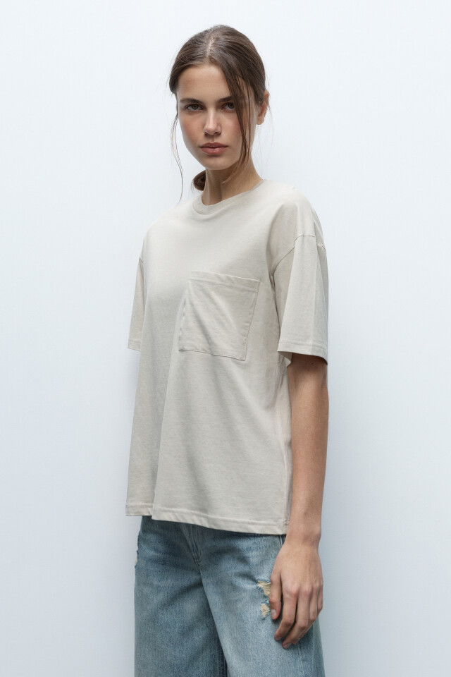 Футболка oversize с нагрудным карманом - цвет бежевый - 3
