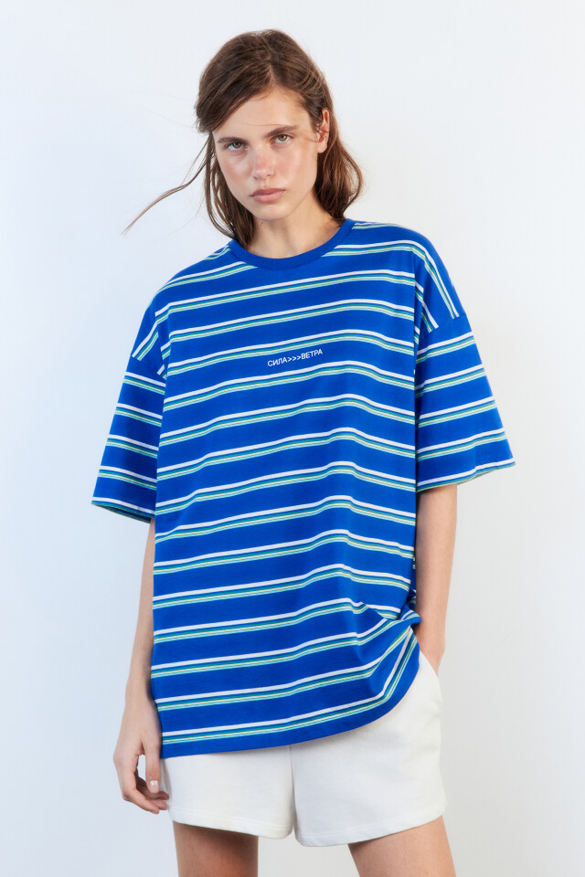 Футболка oversize в полоску с надписью - цвет синий - 3