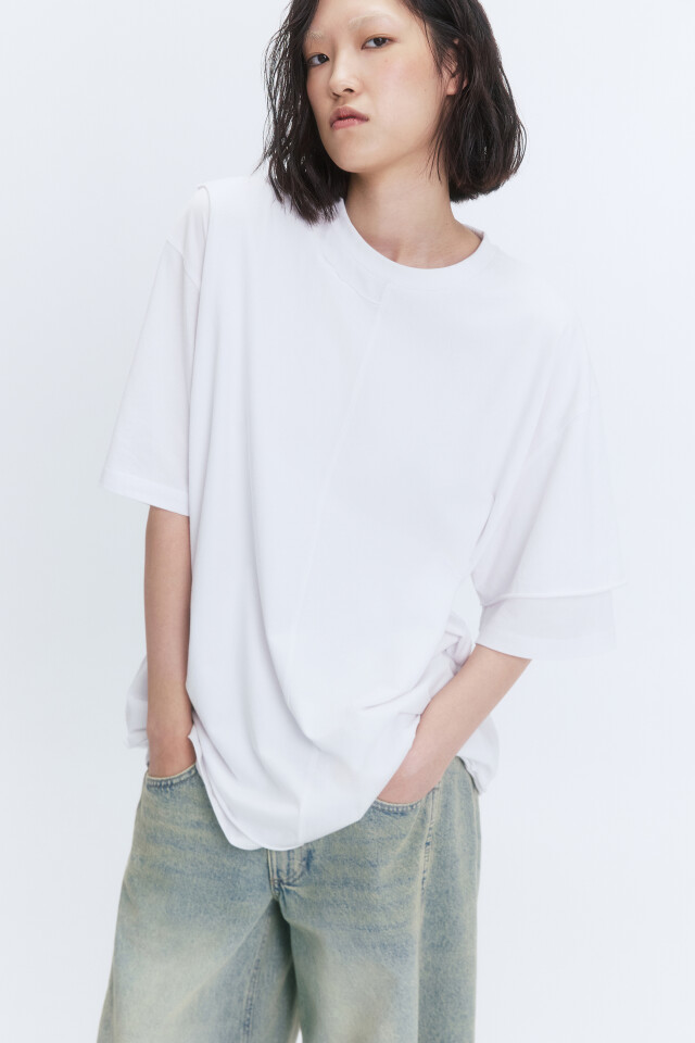 Футболка oversize двуслойная асимметричная - цвет белый - 2
