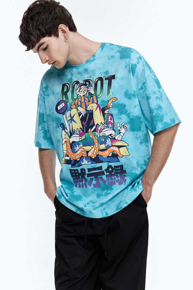 Футболка oversize с эффектом тай-дай и принтом - цвет зеленый - 1