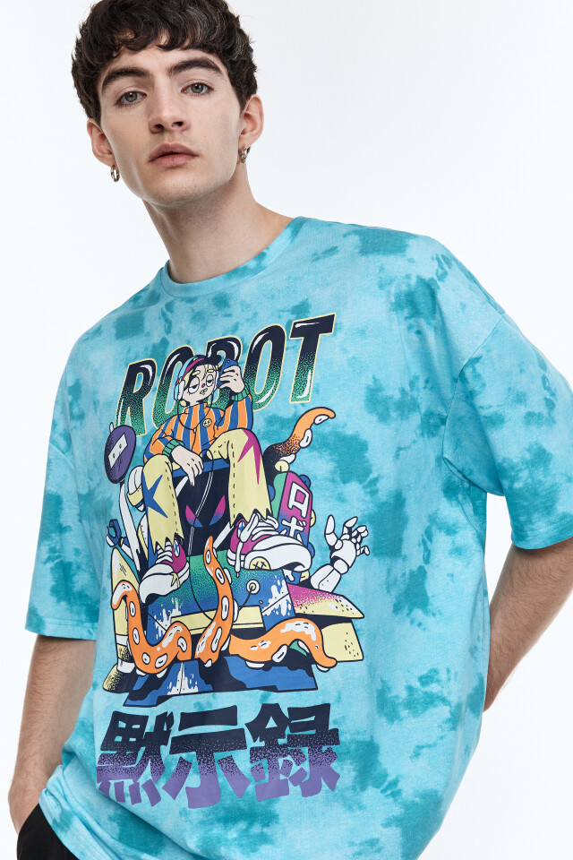 Футболка oversize с эффектом тай-дай и принтом - цвет зеленый - 2