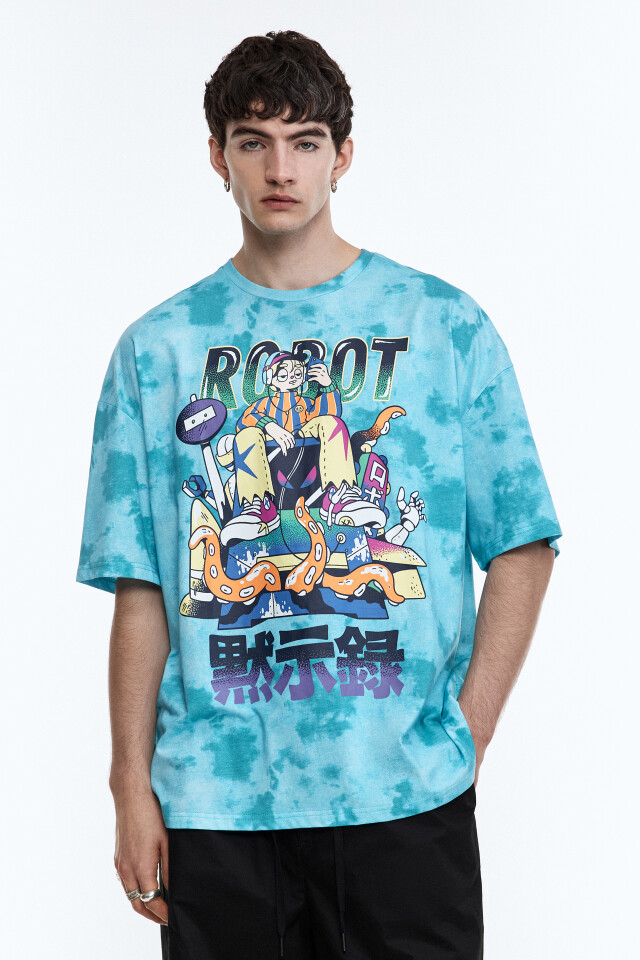 Футболка oversize с эффектом тай-дай и принтом - цвет зеленый - 3