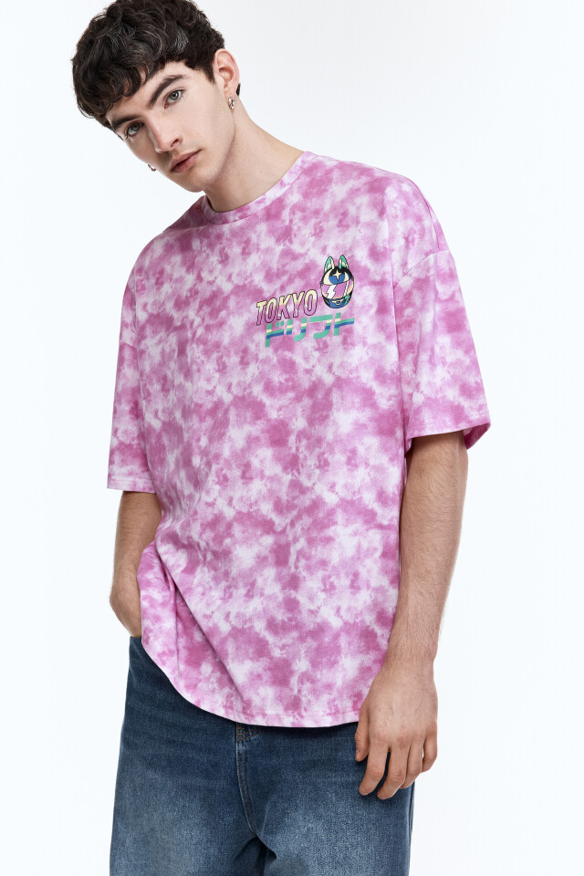 Футболка oversize с эффектом тай-дай и принтом - цвет розовый - 1