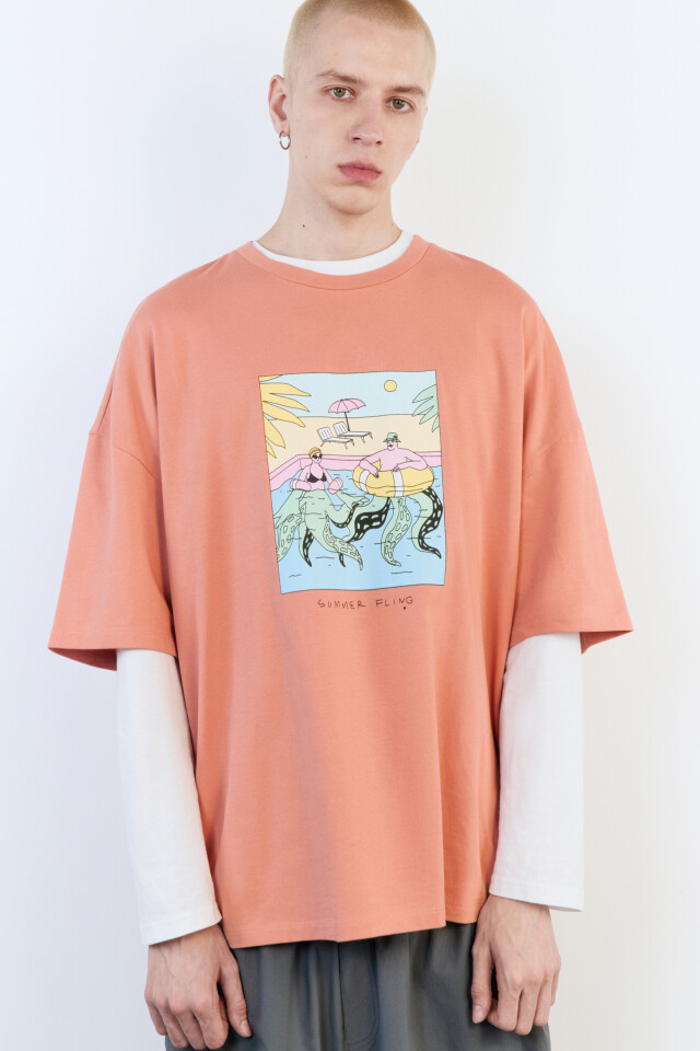Футболка oversize с принтом-комиксом - цвет розовый - 1