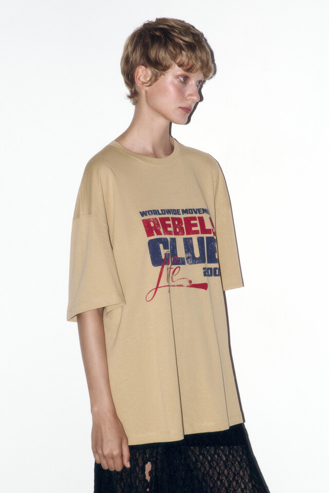 Футболка oversize хлопковая с принтом - цвет бежевый - 3