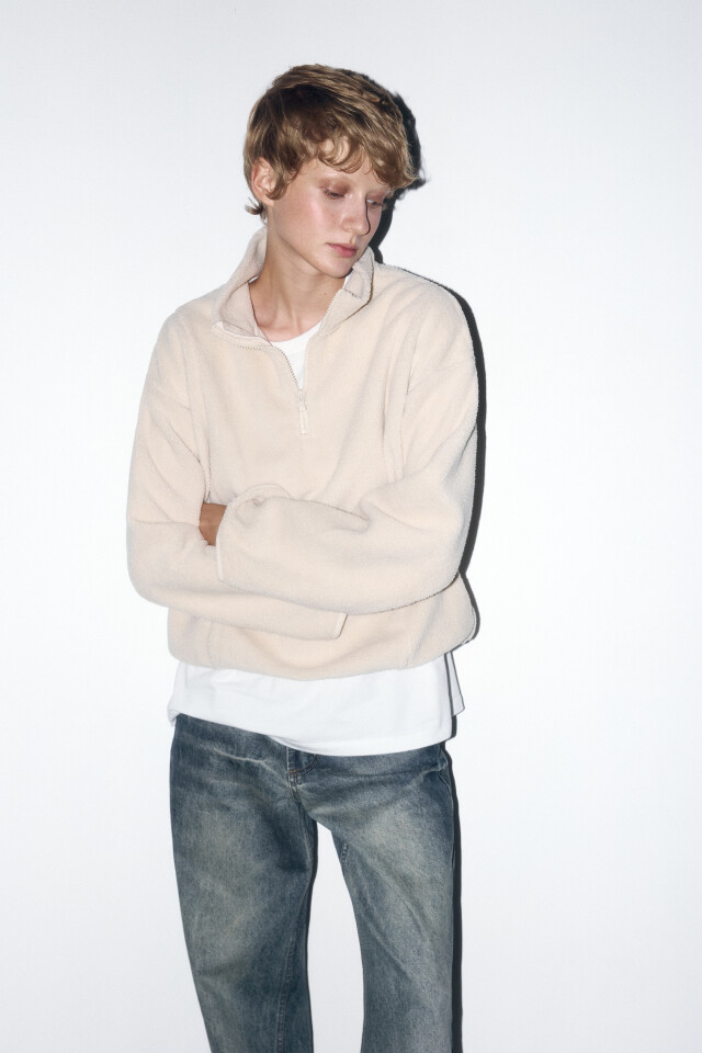 Толстовка half-zip свободная из флиса - цвет бежевый - 1
