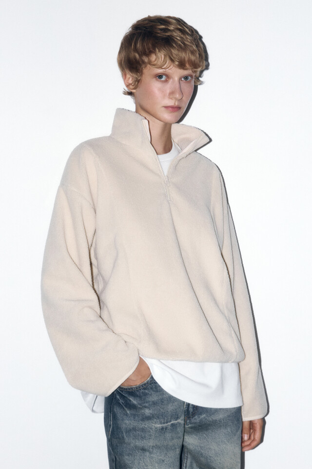 Толстовка half-zip свободная из флиса - цвет бежевый - 3