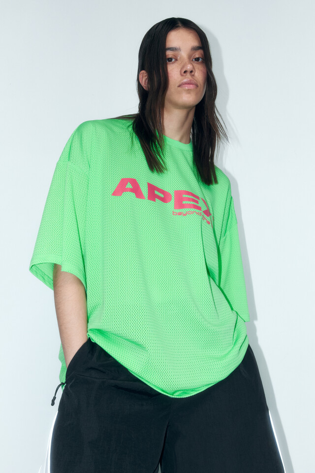 Футболка oversize спортивная из сетки с принтом - цвет зеленый - 1