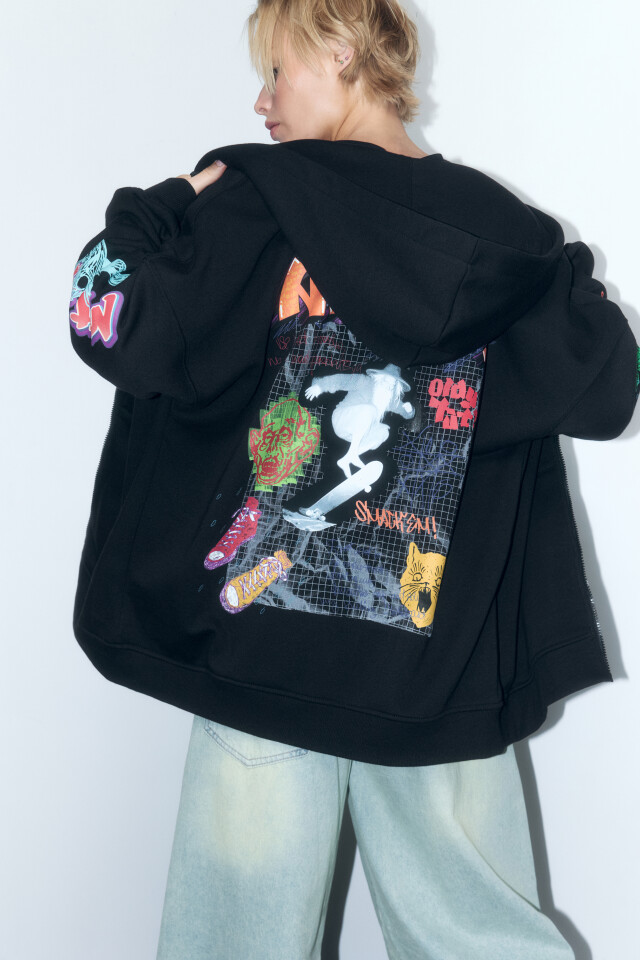 Худи-зипка oversize с принтом и надписями - цвет черный - 2