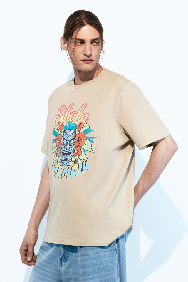 Футболка oversize хлопковая с принтом - цвет бежевый - 3