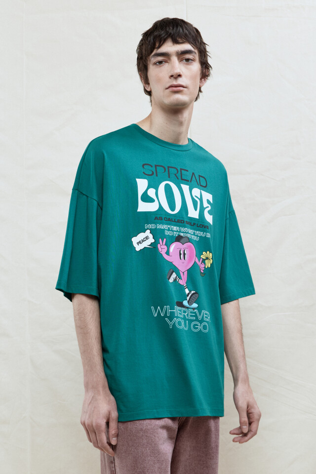 Футболка oversize хлопковая с принтом - цвет зеленый - 3