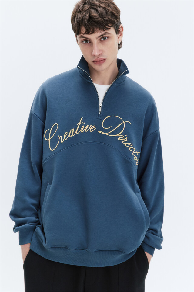 Толстовка half-zip из футера с принтом-надписью - цвет синий - 1