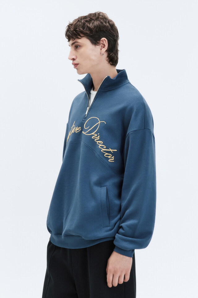 Толстовка half-zip из футера с принтом-надписью - цвет синий - 4