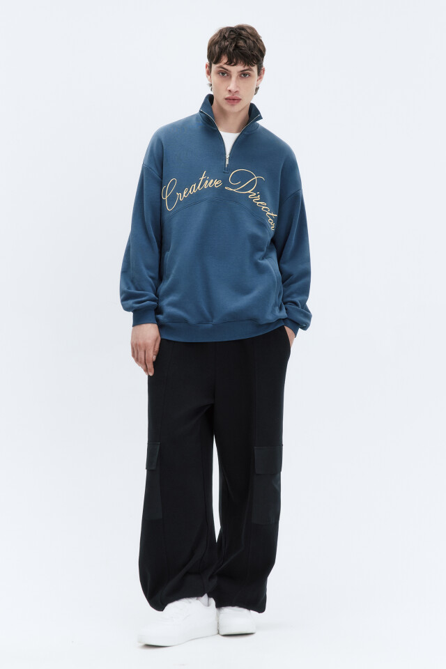 Толстовка half-zip из футера с принтом-надписью - цвет синий - 6