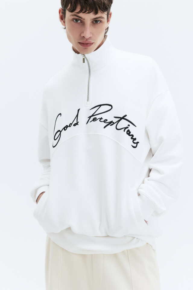 Толстовка half-zip из футера с принтом-надписью - цвет белый - 2