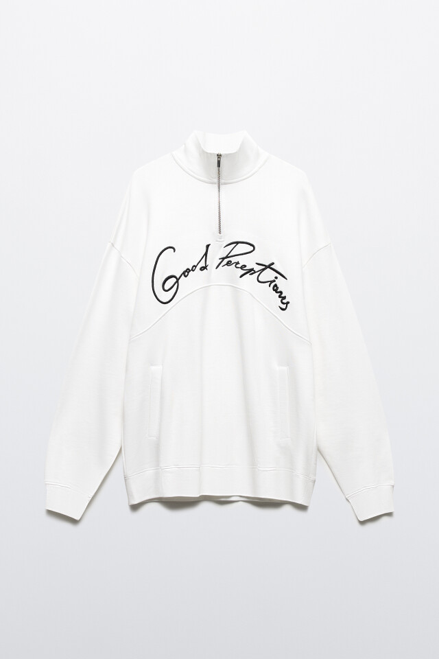 Толстовка half-zip из футера с принтом-надписью - цвет белый - 10