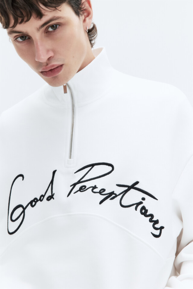 Толстовка half-zip из футера с принтом-надписью - цвет белый - 1