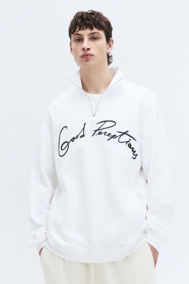 Толстовка half-zip из футера с принтом-надписью - цвет белый - 3