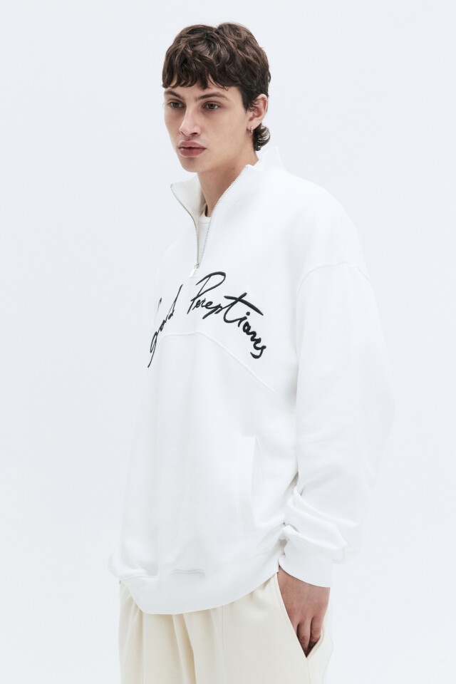 Толстовка half-zip из футера с принтом-надписью - цвет белый - 4