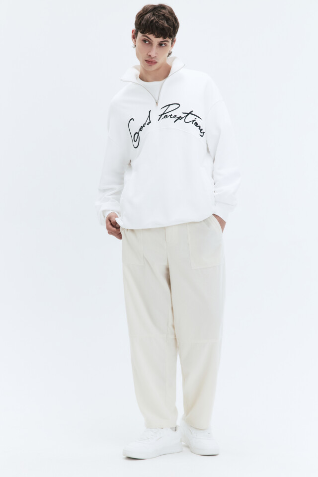 Толстовка half-zip из футера с принтом-надписью - цвет белый - 6