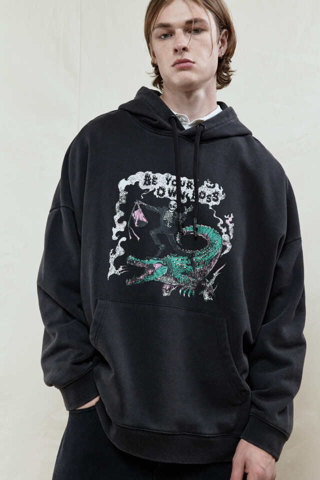 Худи oversize с капюшоном и принтом - цвет черный - 1