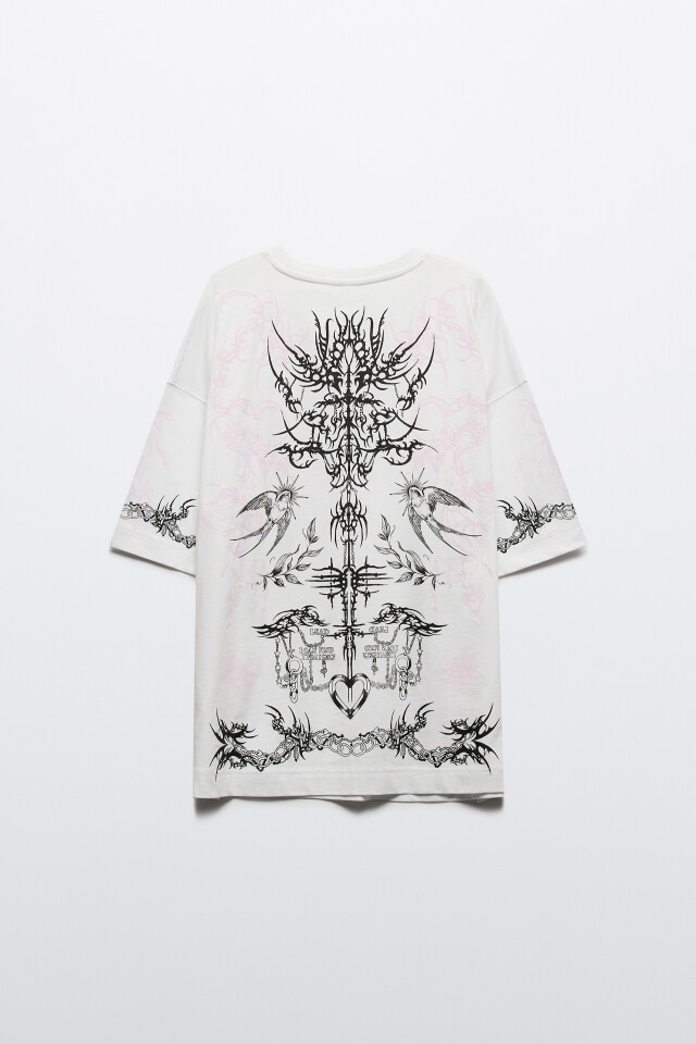 Футболка oversize хлопковая с тату-принтом - цвет белый - 9