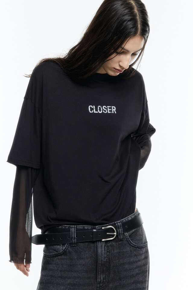 Лонгслив oversize с рукавами из сетки - цвет черный - 1
