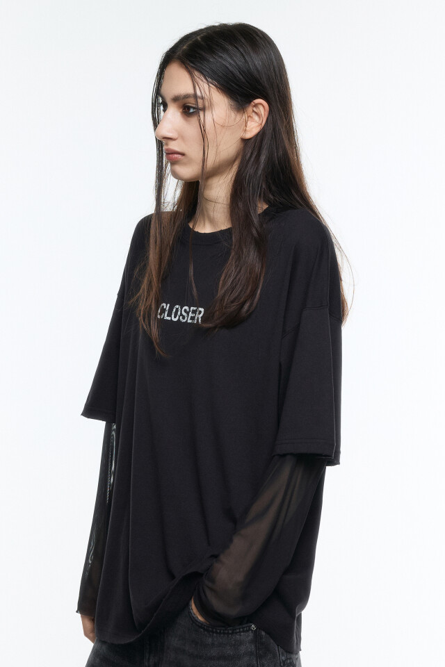 Лонгслив oversize с рукавами из сетки - цвет черный - 3