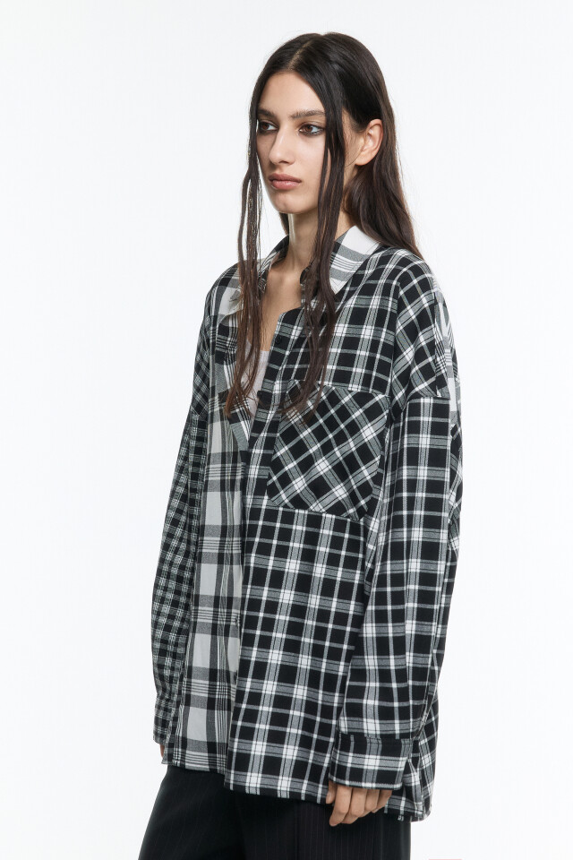 Рубашка oversize фланелевая с разными клетками - цвет черный - 3