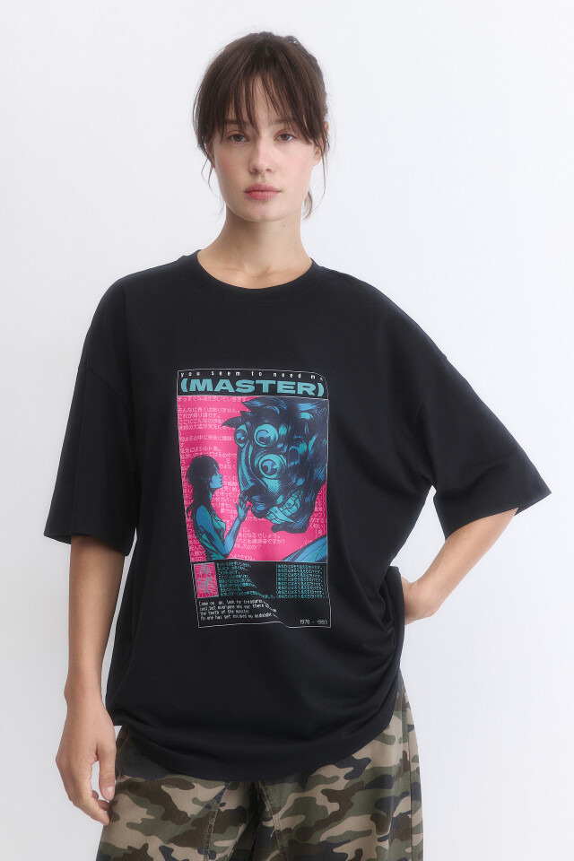 Футболка oversize с принтом в стиле аниме - цвет черный - 2