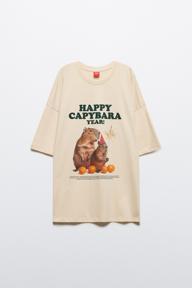 Футболка oversize с новогодним принтом - цвет бежевый - 8