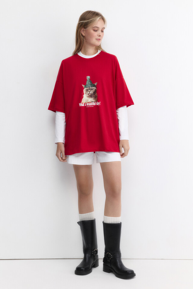 Футболка oversize с новогодним принтом - цвет красный - 5