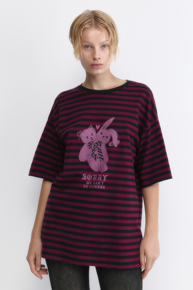Футболка oversize в полоску с принтом - цвет мультиколор - 2