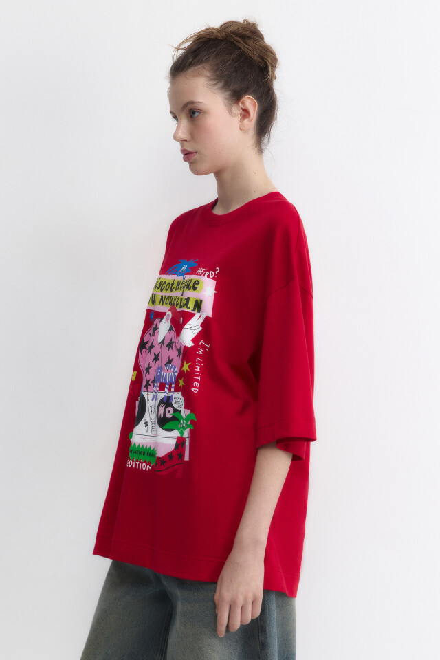 Футболка oversize с новогодним принтом - цвет красный - 3