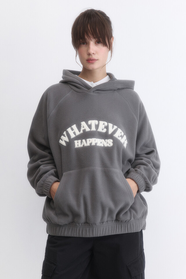 Худи-флиска oversize с капюшоном и принтом - цвет серый - 2