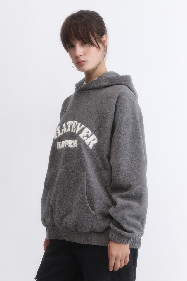 Худи-флиска oversize с капюшоном и принтом - цвет серый - 3