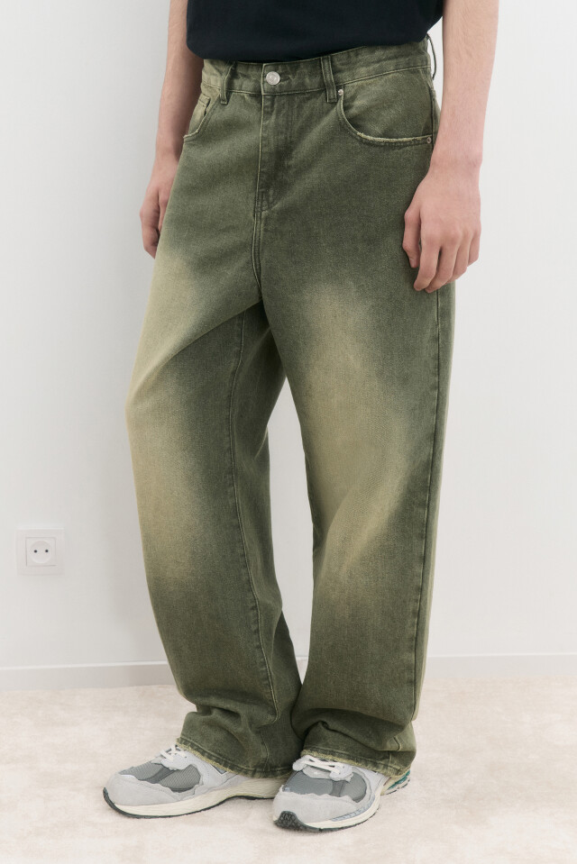Джинсы wide leg широкие с вареным эффектом - цвет зеленый - 3